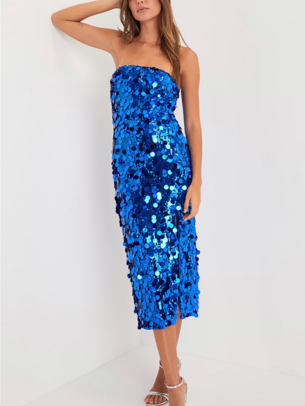 Lulu's Cobalt Blue Sequin Strapless Midi Dress
